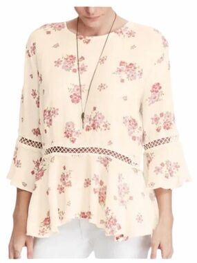 Denim & Supply Ralph Lauren Floral Peplum Blouse Medium Cream Boho Lace Trim Top
